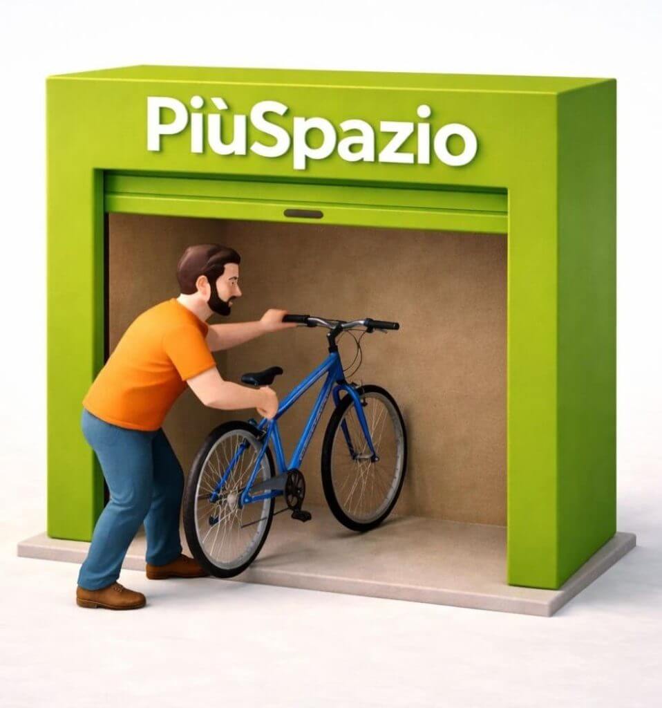 Deposito PiùSpazio Self Storage e cliente che mette la bicicletta