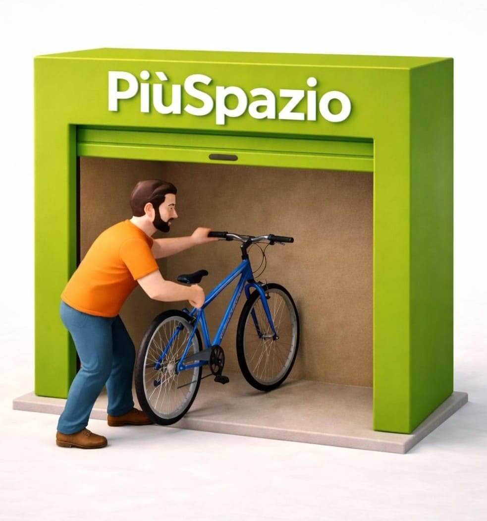 Deposito PiùSpazio Self Storage e cliente che mette la bicicletta