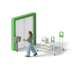 Cliente accede in autonomia in sede PiùSpazio Self Storage con carrellino e montacarichi