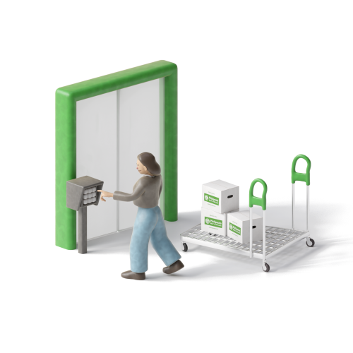 Cliente accede in autonomia in sede PiùSpazio Self Storage con carrellino e montacarichi
